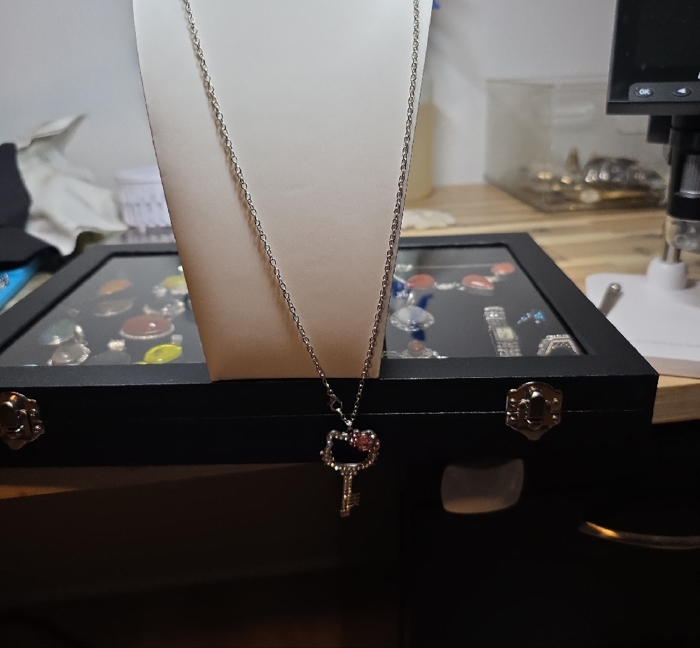 Hello Kitty Crystal Key Cat Pendant Necklace in Silver Tone & Pink - Picture 2 of 4